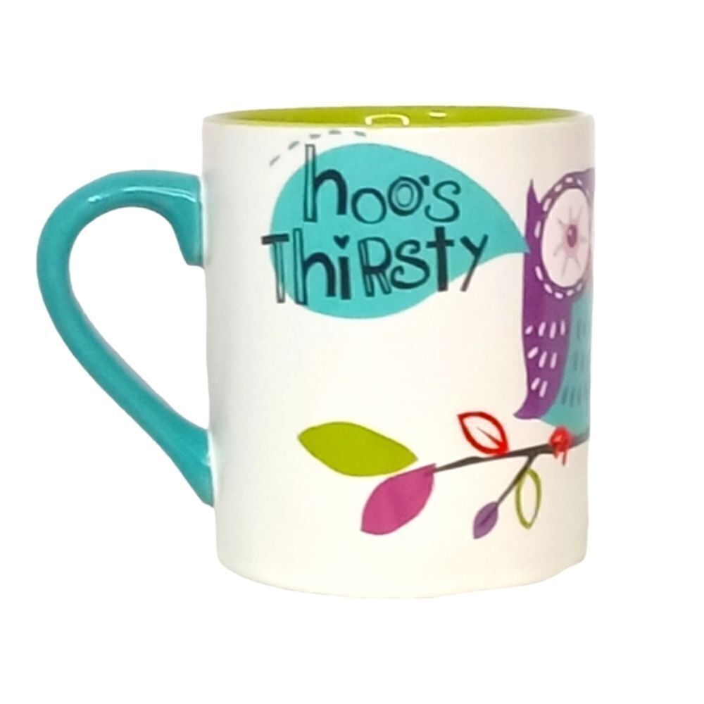 Little Blue House Coffee Cup Mug "hoo's thirsty" Owl Purple Lime Green Turquoise